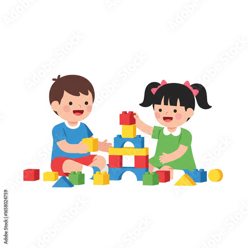 Two children are happily playing with colorful building blocks.