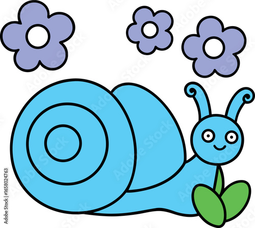 Happy snail crawling on the grass with flowers and leaves Vector illustration