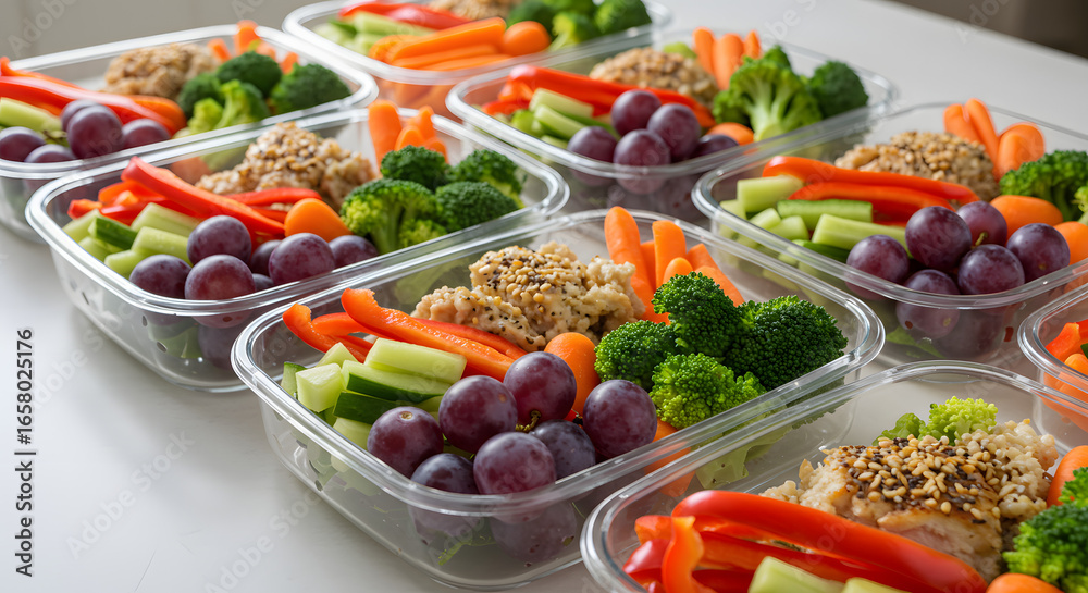 Healthy Meal Prep Containers with Balanced Portions of Chicken, Quinoa, Fresh Vegetables, and Grapes on a White Table Healthy Meal Prep Containers with Balanced Portions of Chicken, Quinoa, Fresh Vegetables, and Grapes on a White Table