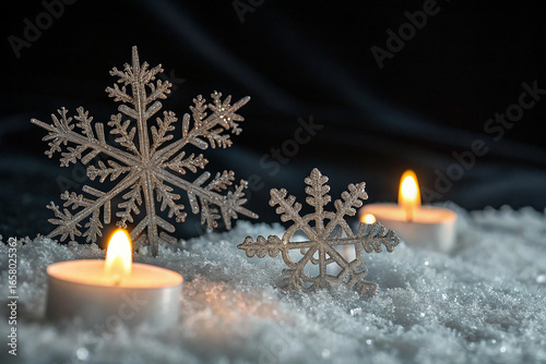 Glittering snowflakes and candles in snow light