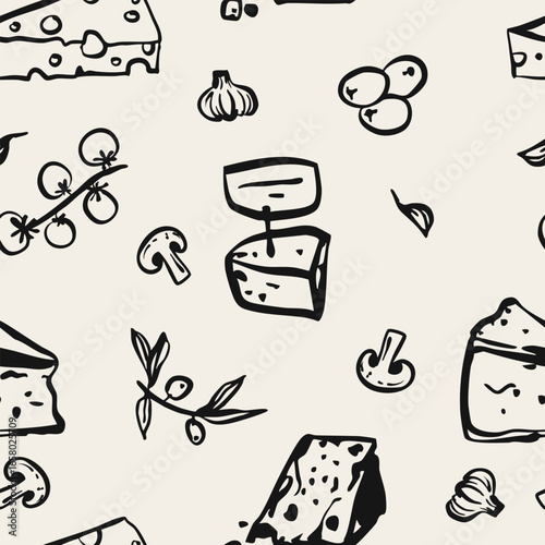 Hand drawn cheese whimsical hand drawn food seamless pattern background. Ideal for food wrapping paper, product desk, box
