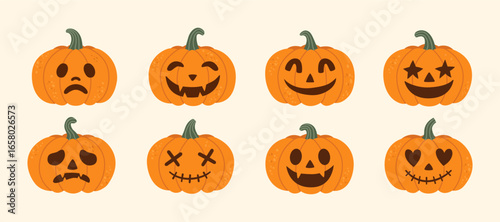 Set of eight halloween pumpkins with expressive faces spooky funny and happy emotions for festive autumn decoration and seasonal holiday design
