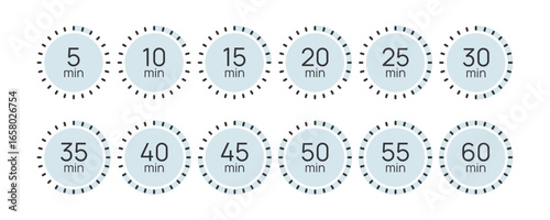 Vector timer icons set 5 to 60 minutes, modern minimal design with circular progress indicators, perfect for app, infographic, planner, fitness, UI, UX, time tracking, packaging