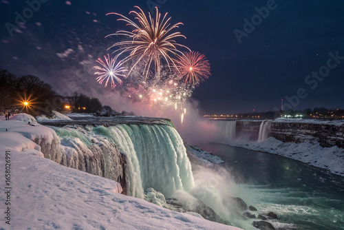 Frozen waterfall illuminated by fireworks winter snow