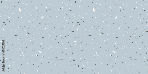 Organic Terrazzo texture. Scattered Black and white fragments on blue. Seamless vector pattern. Abstract stone background. Modern minimal texture for surface, interior design, print, wallpaper