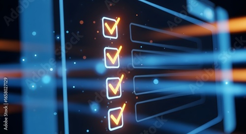 Abstract digital checklist interface with checkmarks and glowing bokeh lights, representing progress, completion, and data processing