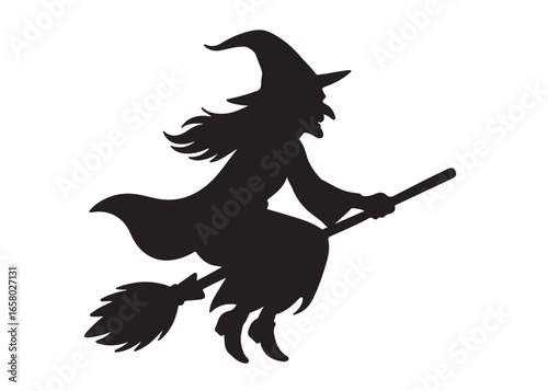 flying witch logo silhouette vector, witch on broom logo vector silhouette illustration, flying witch silhouette design, halloween flying witch on broom logo silhouette vector on white background