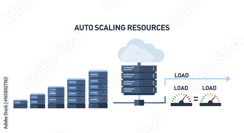 An illustrative diagram showing auto scaling of cloud computing resources with servers dynamically adjusting to manage varying load and demand.
