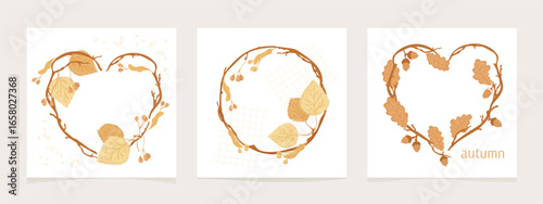 Fall wreath card collection. Circle floral frames of falling leaves and branches. Vector illustration isolated on white background.