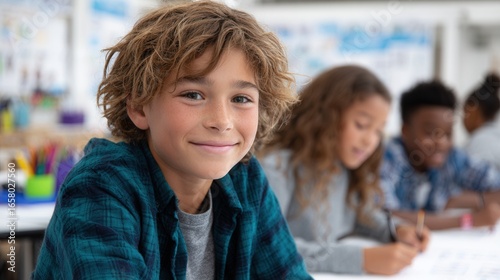 A cheerful boy sits at a desk in a classroom, surrounded by classmates. The setting is bright and educational, capturing a moment of joy and focus.