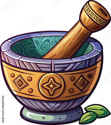 Spooky Crystal Elements Ornate Mortar and Pestle Illustration
