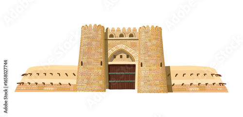 Castle fortress Sauran. Ancient fortress with towers and defensive supports on a white background. Entrance to the settlement of Sauran. Medieval architecture.