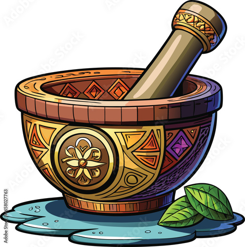 Spooky Crystal Elements Ornate Mortar and Pestle Illustration