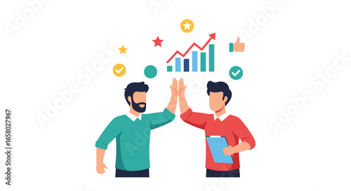 Two happy businessmen celebrating success with a high five, surrounded by upward trending graph and positive symbols, illustrating teamwork, achievement, and growth.