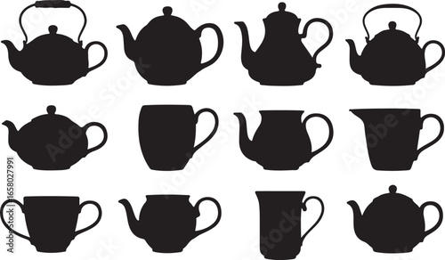 Set of tea kettle and teapot vector illustration silhouettes on white background. Tea kettle and coffee cups icon set