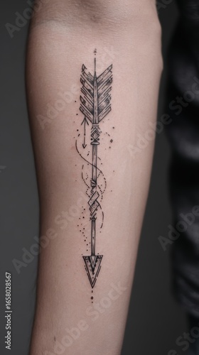 Detailed arrow tattoo on a forearm with intricate design and dotwork.