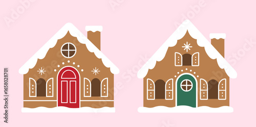 Set of traditional Christmas gingerbread houses flat vector illustration.
Hand drawn cute and colorful festive cookie houses.
Good for greeting card, poster, banner, leaflet.