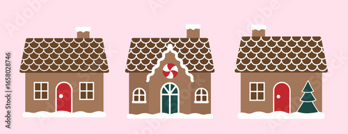 Set of traditional Christmas gingerbread houses flat vector illustration.
Hand drawn cute and colorful festive cookie houses.
Good for greeting card, poster, banner, leaflet.