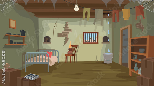 Poor house. Slums. Village room interior with bed. table and wardrobe