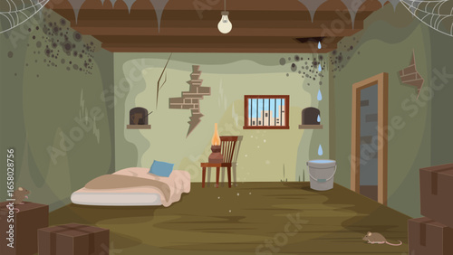 Poor house. Slums. Very dark room with mold on the walls. Village room interior with bed. table and wardrobe