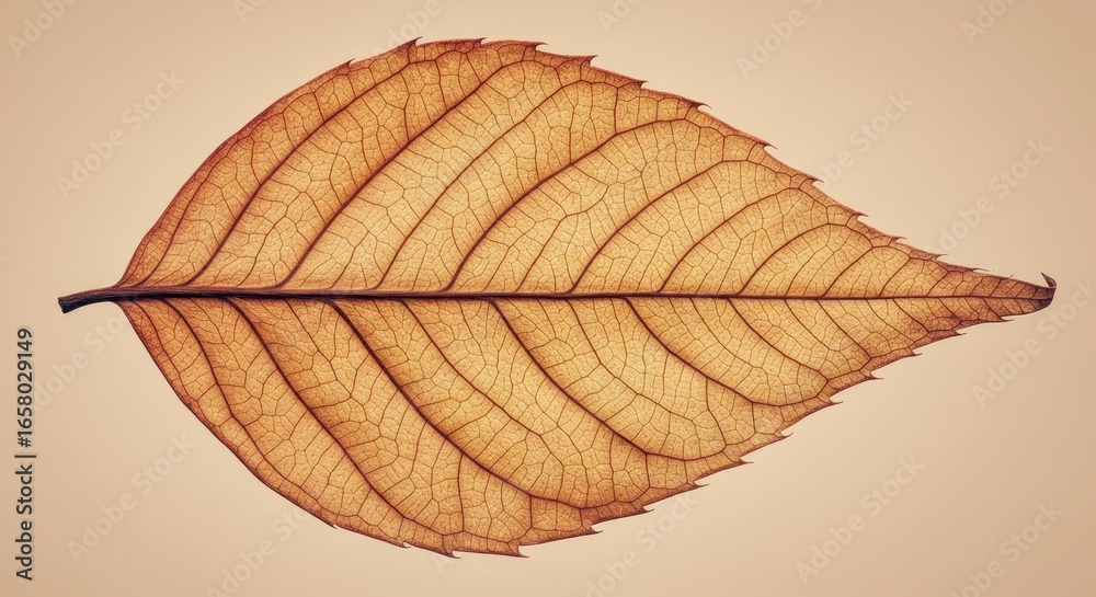 Fototapeta premium Translucent, brown, oval-shaped leaf with intricate veins, displayed on a neutral background