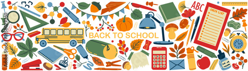 Back to school set. School supplies, colorful educational items such as books, rulers, scissors, bags and colored pencils, vector illustration collection.