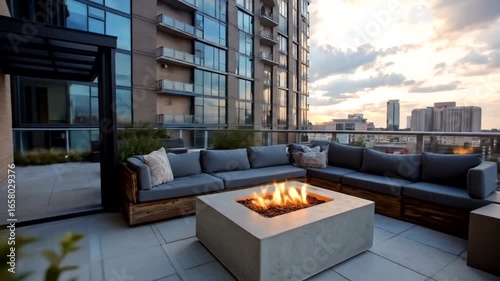 A rooftop patio with modern furnishings, a fire pit, and a city view.