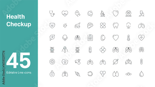 A comprehensive collection of 45 minimalist line art icons representing health and medical checkup concepts