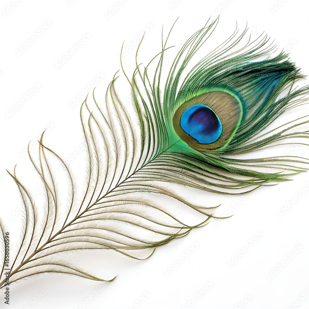 Obraz premium Vibrant peacock feather, isolated on a white background.