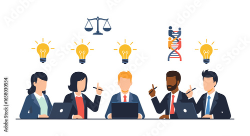 Diverse business team brainstorming innovative ideas, legal and genetic concepts visualized above them, symbolizing intellectual property and scientific breakthroughs in a collaborative meeting