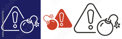 flat and linear set icons, risk of explosion icon, explosives hazard warning, bomb, exclamation mark, simple symbols on white and black background - editable stroke vector illustration