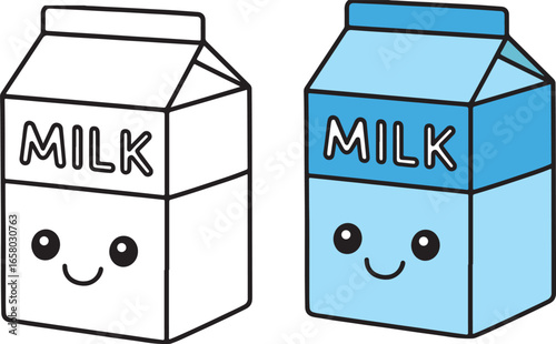Cute milk carton illustration with a happy face, shown in both colored and black-and-white versions. Perfect for kids’ coloring books, educational materials, or fun printable activities.