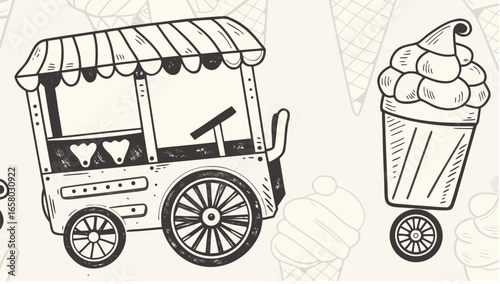 Illustration of a vintage ice cream cart with striped awning and large ice cream cone on a patterned background
