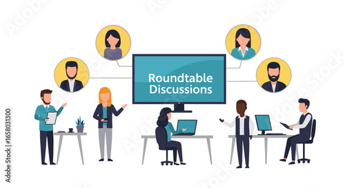 A diverse group of professionals engage in a roundtable discussion, collaborating and sharing ideas in a modern, collaborative office setting, fostering teamwork and innovation.