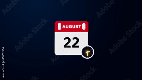 August 22 Calendar Icon, Realistic calendar and clock composition 4k illustration. Scheduled date and time planner design.