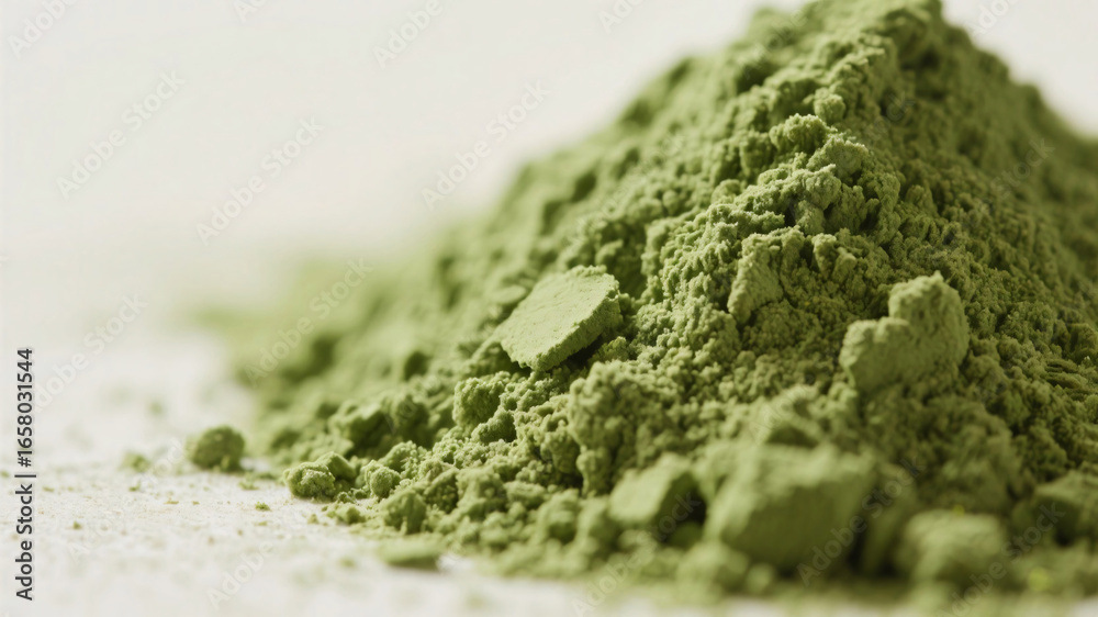 Obraz premium Close-up view of matcha tea powder in macro perspective, finely ground green texture illuminated softly against neutral background