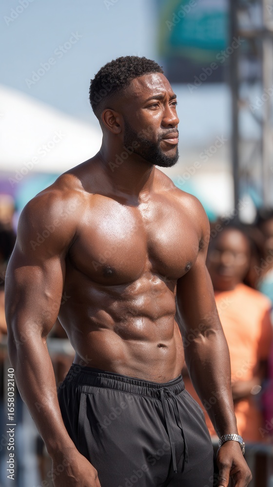 Fototapeta premium A fit man showcasing his physique at an outdoor fitness event, surrounded by an audience. The atmosphere is energetic and inspiring for fitness enthusiasts.