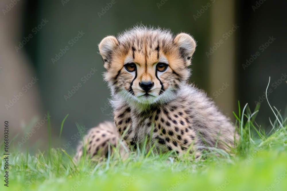 Obraz premium Cheetah Cub Resting on Green Grass with Intense Gaze