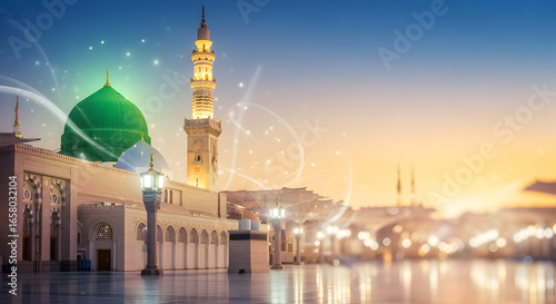Festive Milad Un Nabi Mubarak Islamic background with mosque Madina crescent moon lanterns and decorative stars