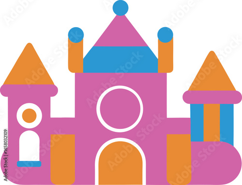 Cute playground with bouncy castle in lively colorful cartoon scene Vector illustration