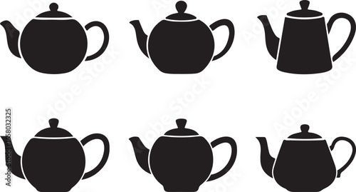 Set of tea kettle and teapot vector illustration silhouettes on white background. Tea kettle and coffee cups icon set