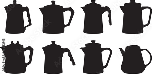 Set of tea kettle and teapot vector illustration silhouettes on white background. Tea kettle and coffee cups icon set