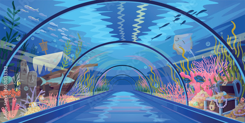 Oceanarium dome  with a broken ship and an open chest of go Underwater tunnel, perspective view with coral reef and fish. Empty oceanarium tunnel, close up. Vector hand drawn illustration.