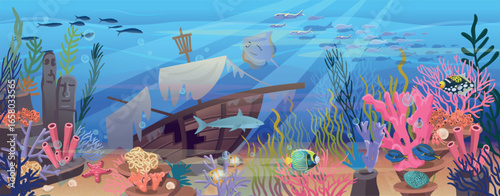 Coral reef with a broken shipwreck. Large set of coral reef with algae tropical fish and corals  and with a broken sunken ship. Vector illustration in cartoon style.