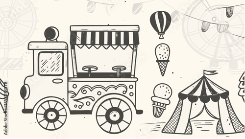 Illustration of a carnival scene with a food truck, tent, ice cream cones, and a ferris wheel design