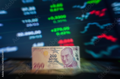 Turkish Lira 200 TL. Macro shot and graphic background. (Focus is custom adjusted and zoom effect is applied)