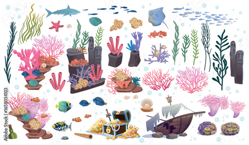 Large set of coral reef with algae tropical fish and corals. Chest of gold, sunken ship