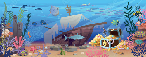 Seabed with a broken sunken ship and a chest of gold. Large set of coral reef with algae tropical fish and corals. Vector illustration in cartoon style.