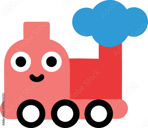 Cute toy train engine with puffing smoke in cheerful cartoon design Vector illustration