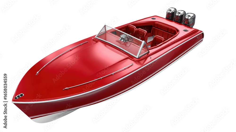 Naklejka premium Sleek Red Speedboat with Three Powerful Engines Designed for High-Performance Water Adventures